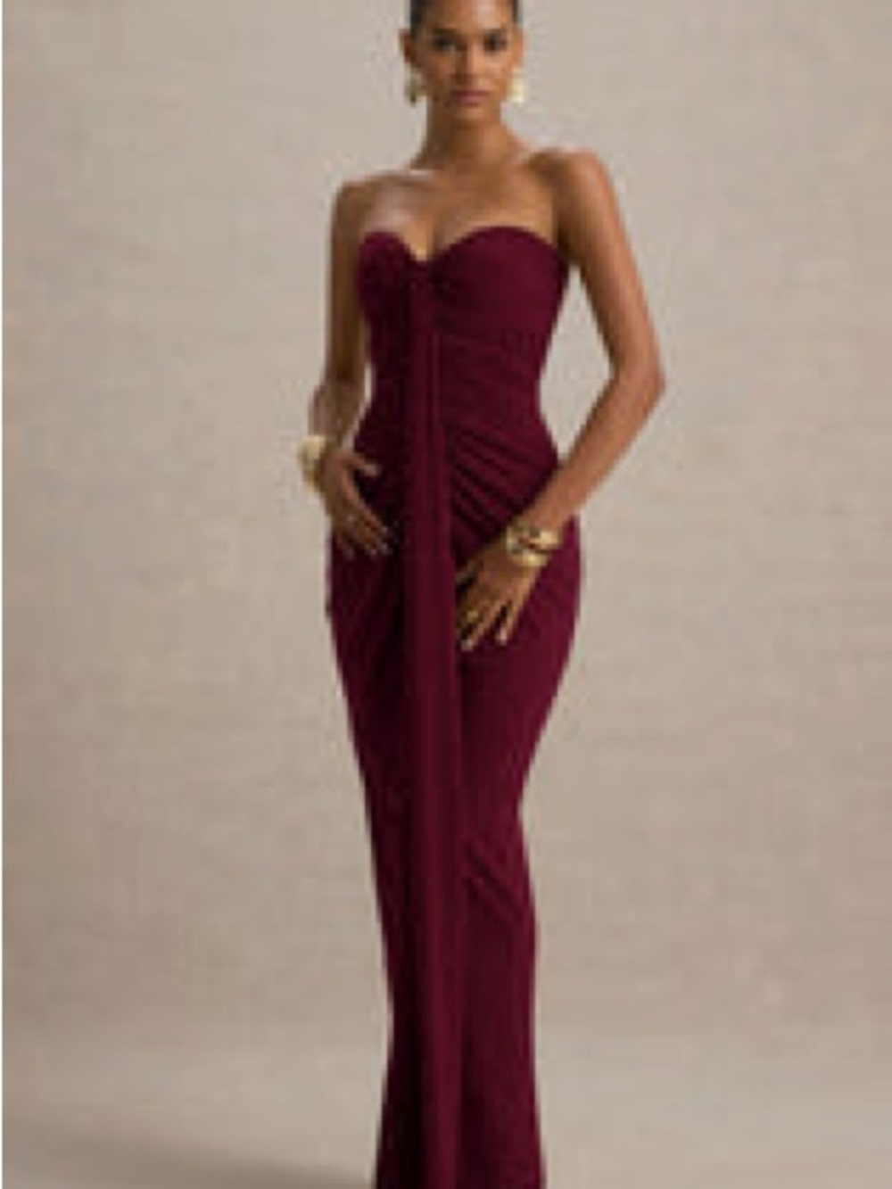 Club L London Burgundy Jersey Sweetheart Maxi Dress with Ruched Detailing